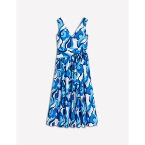 Boden Blue Abstract V-Neck Belted Midi Dress Fit & Flare Sleeveless Size 14R